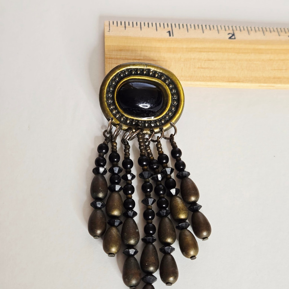 Vintage Black Oval Stone Gold Tone Long Dangle Layered Beaded Earrings - Picture 4 of 5